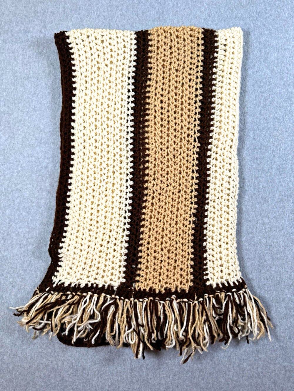 VTG Handmade 70s Boho Beige Brown Striped Crochet Throw Lapghan Fringed, 30x60